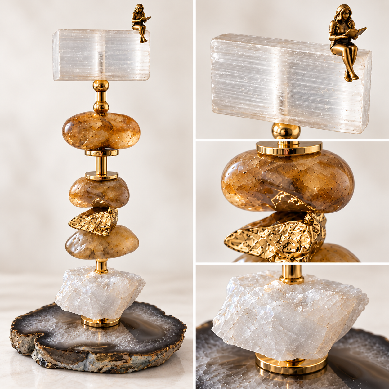 Escultura Decorativa em Citrino, Selenita e Ágata Natural com Leitora em Bronze – 25 cm