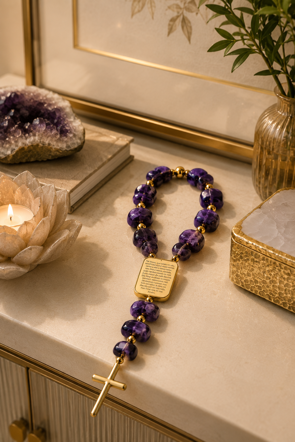Terço Decorativo em Ametista Natural com Pai Nosso e Cruz Dourada – AN248