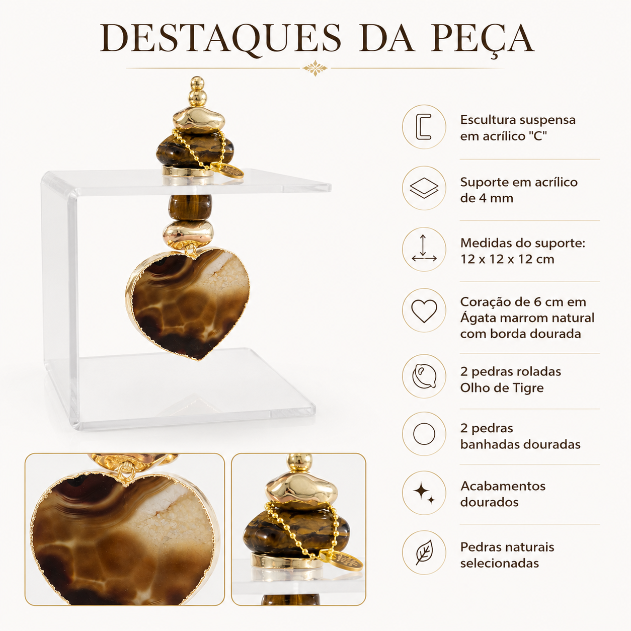 Escultura Decorativa  em Acrílico com Coração de Ágata Natural, Olho de Tigre e Acabamentos Dourados- AN220
