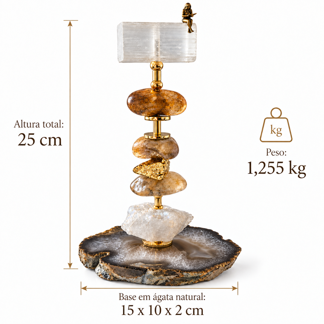 Escultura Decorativa em Citrino, Selenita e Ágata Natural com Leitora em Bronze – 25 cm