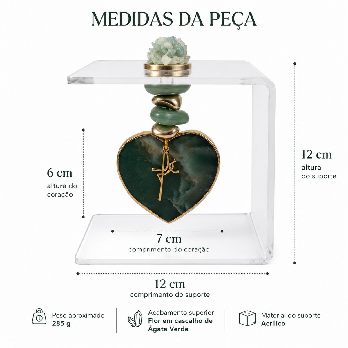 Suporte Decorativo Acrílico com Coração de Quartzo Verde Pedra Natural- AN247