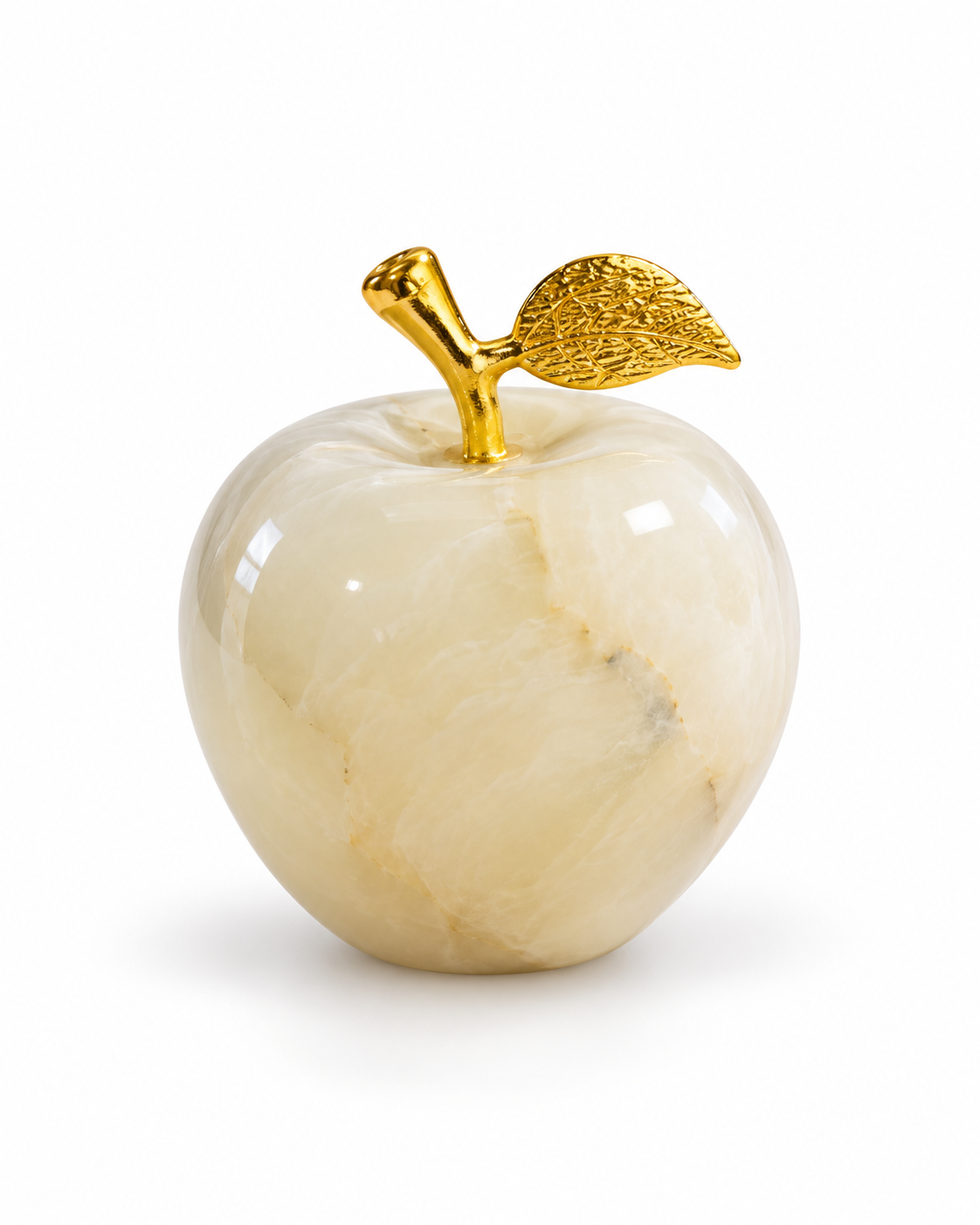 Maçã Decorativa Clara em Ônix Paquistanês Pedra Natural com Detalhe Dourado