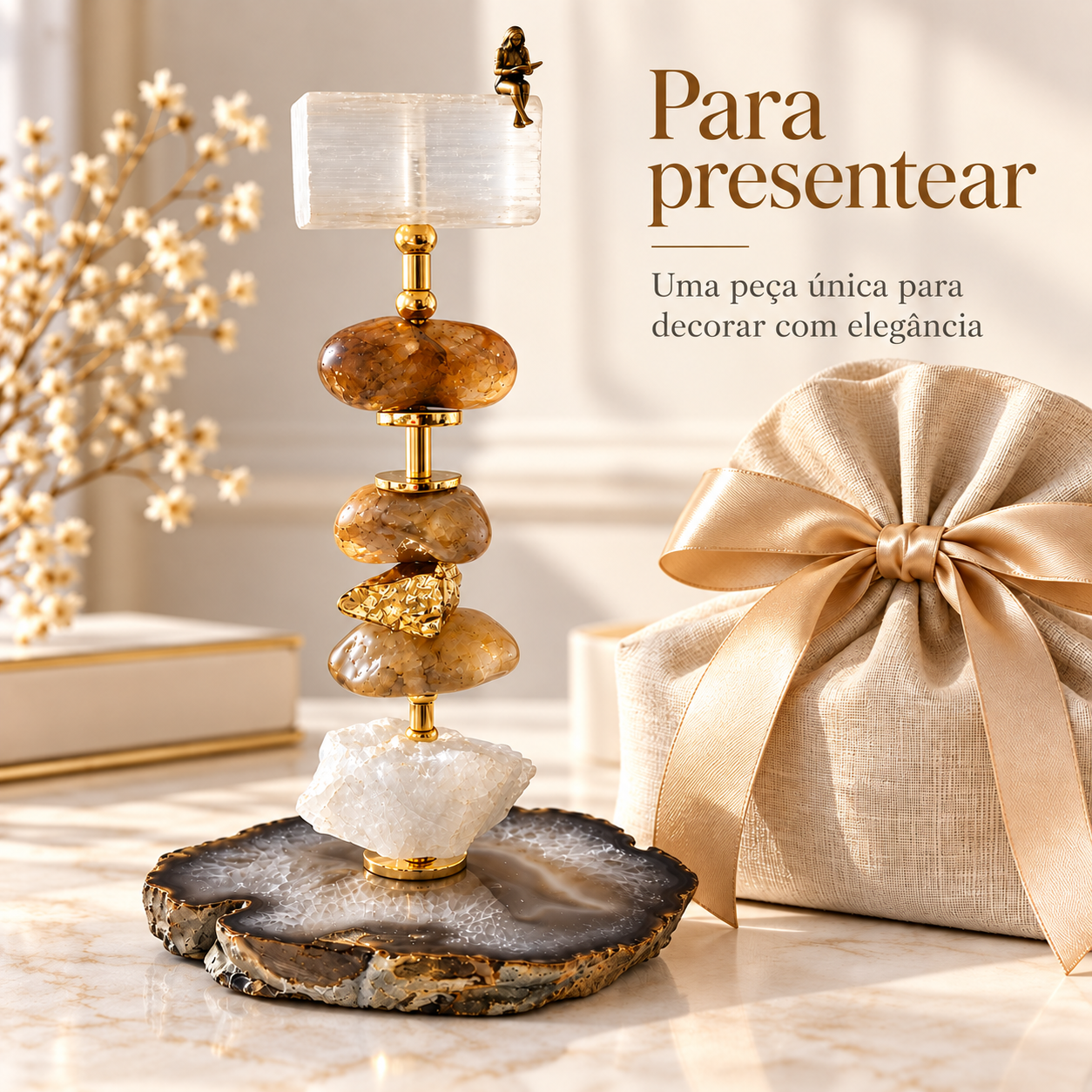 Escultura Decorativa em Citrino, Selenita e Ágata Natural com Leitora em Bronze – 25 cm