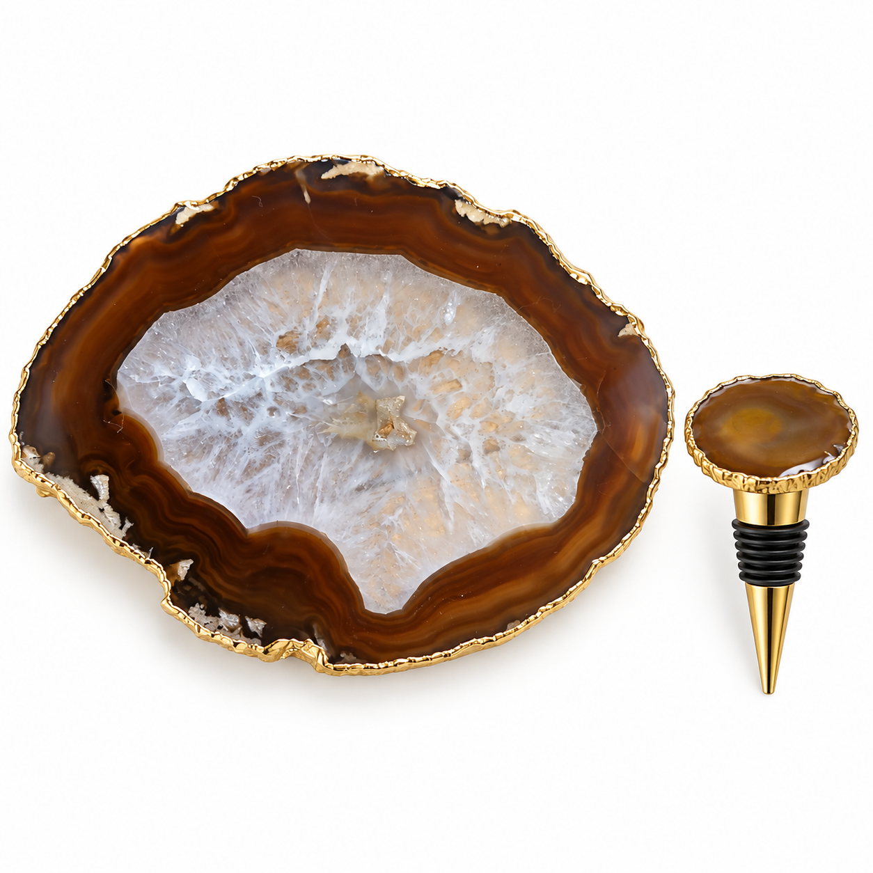Conjunto para Vinho em Ágata Natural com Borda Dourada – Platter + Stopper (variação 3)