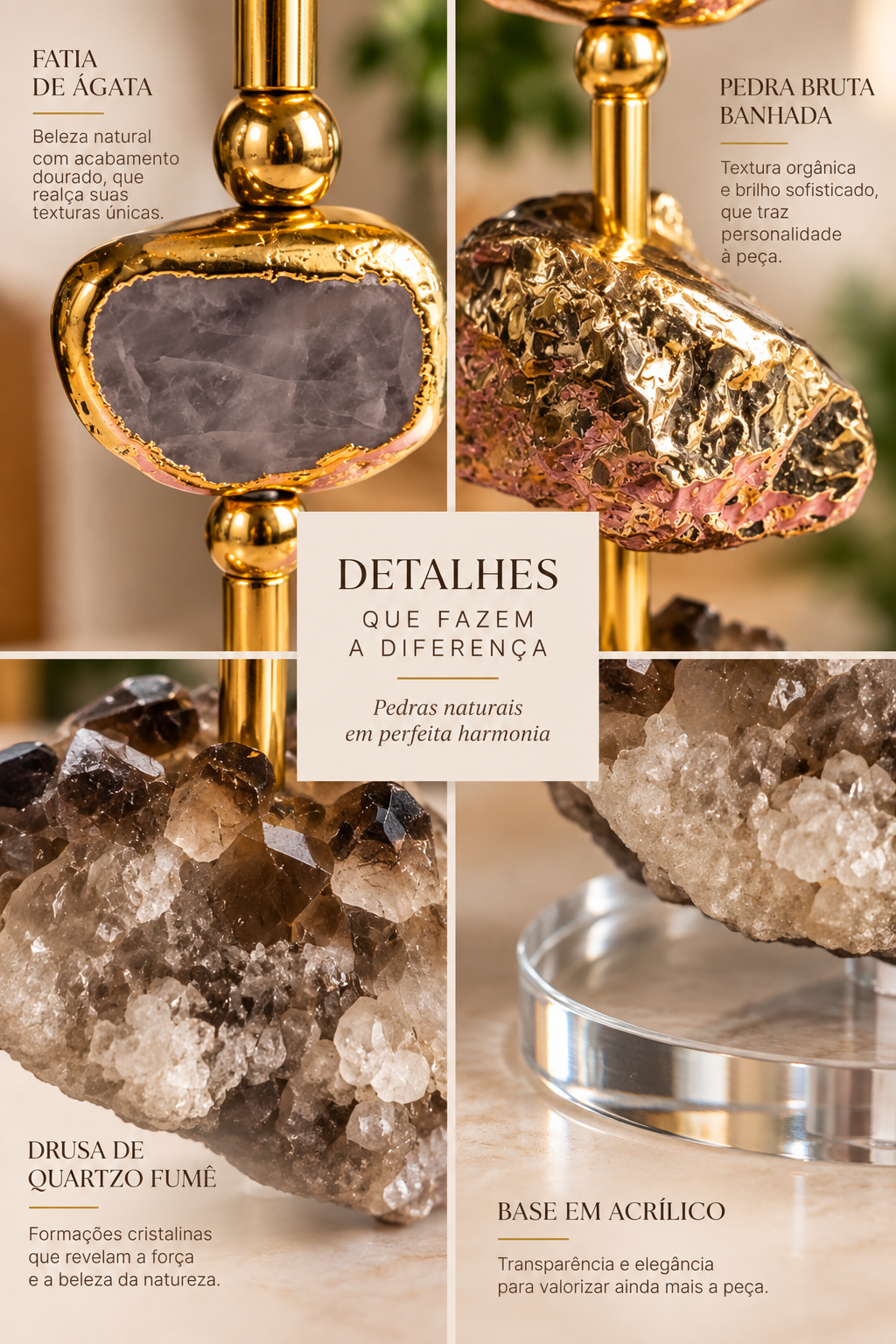 Escultura Decorativa em Ágata Fóssil e Quartzo Fumê com Detalhes Dourados – 32 cm