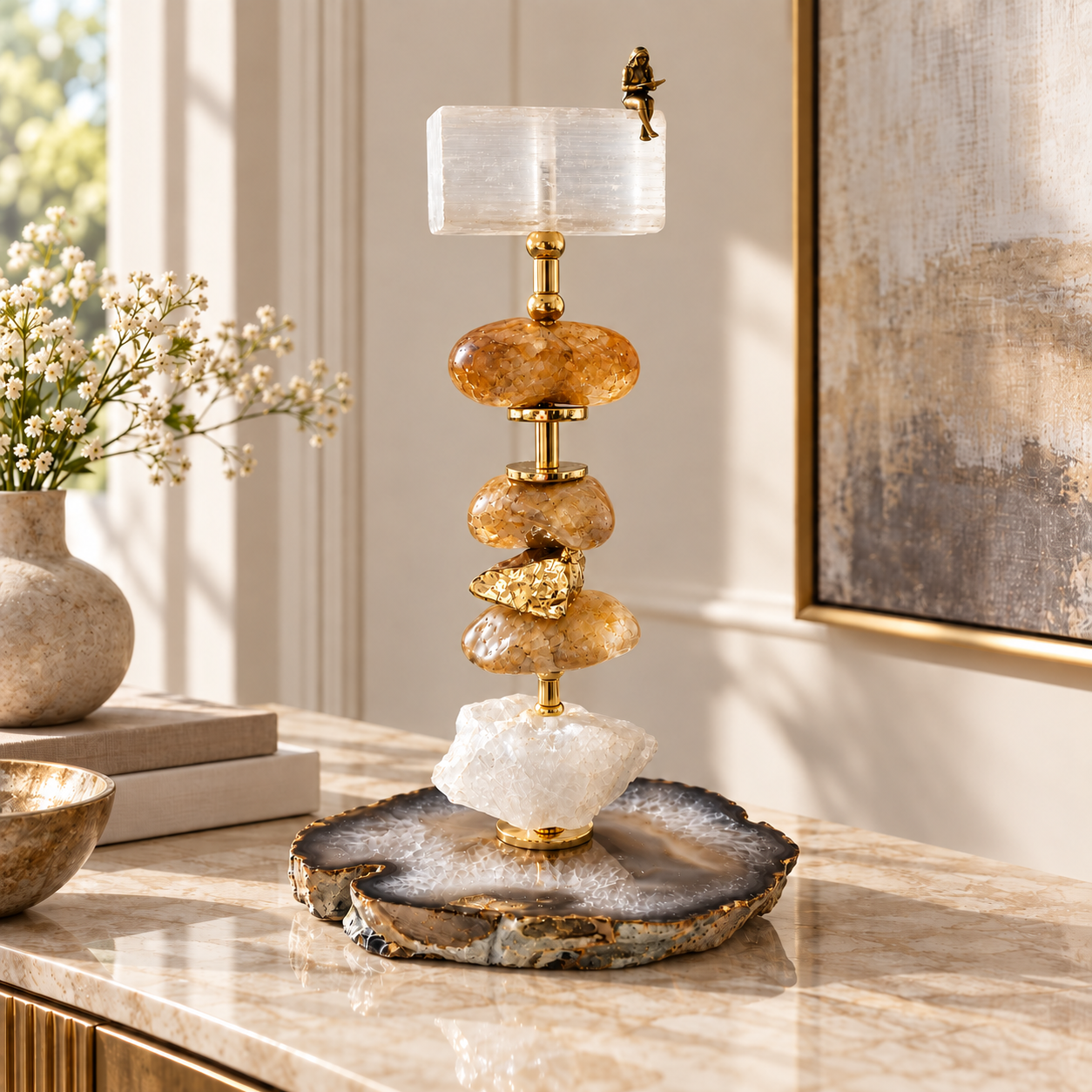 Escultura Decorativa em Citrino, Selenita e Ágata Natural com Leitora em Bronze – 25 cm