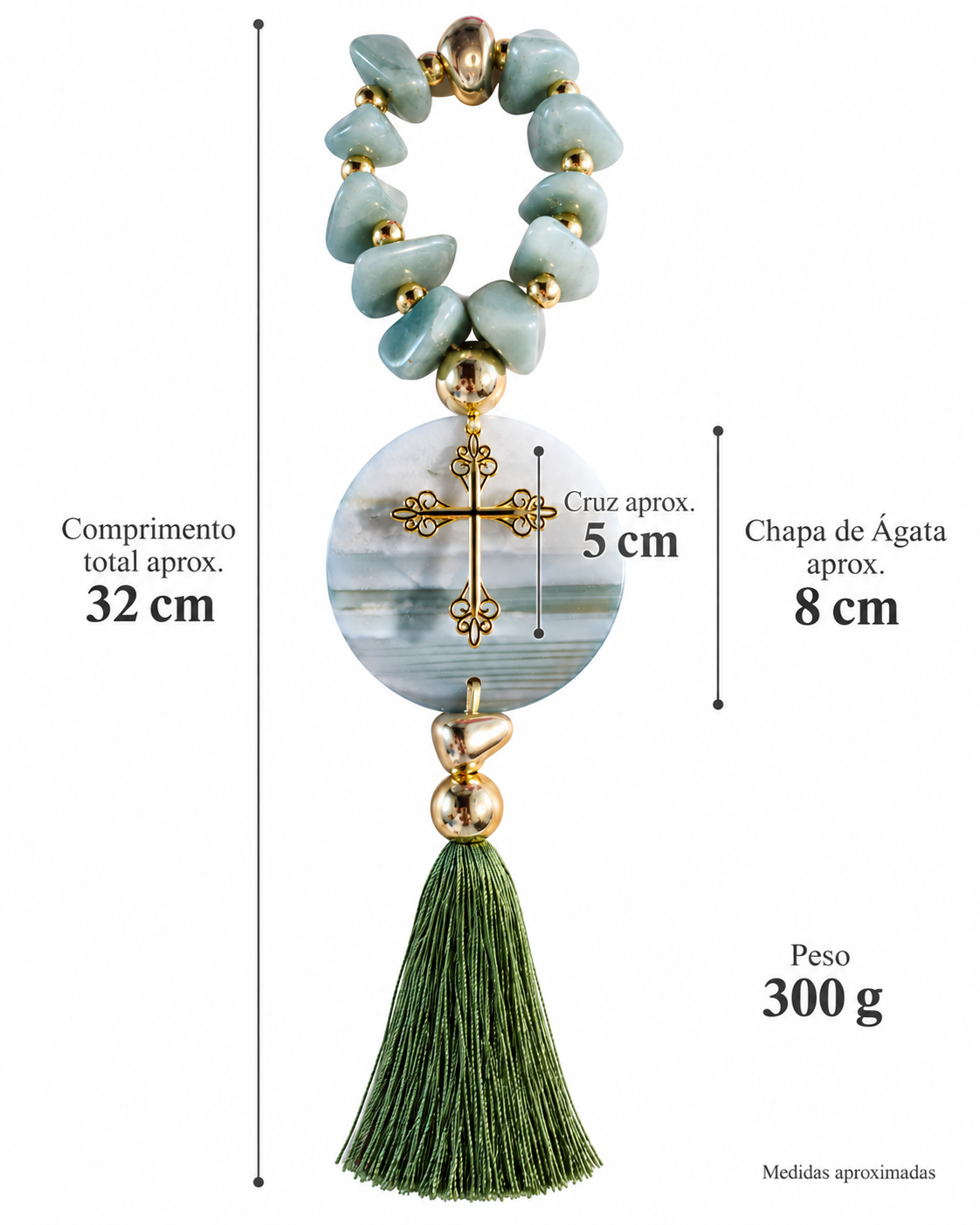 Terço Decorativo Quartzo Verde com Ágata e Cruz Dourada