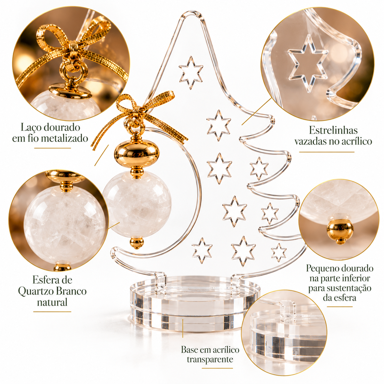 Árvore de Natal Decorativa em Acrílico com Esfera de Quartzo Branco Natural 14 cm