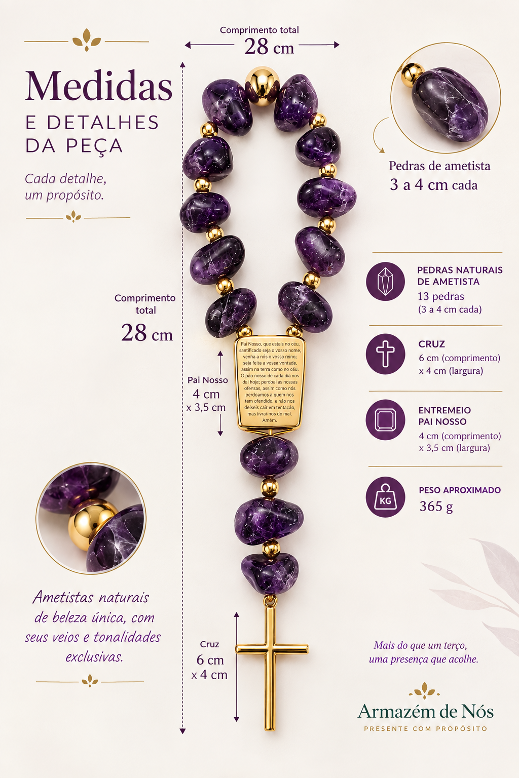 Terço Decorativo em Ametista Natural com Pai Nosso e Cruz Dourada – AN248