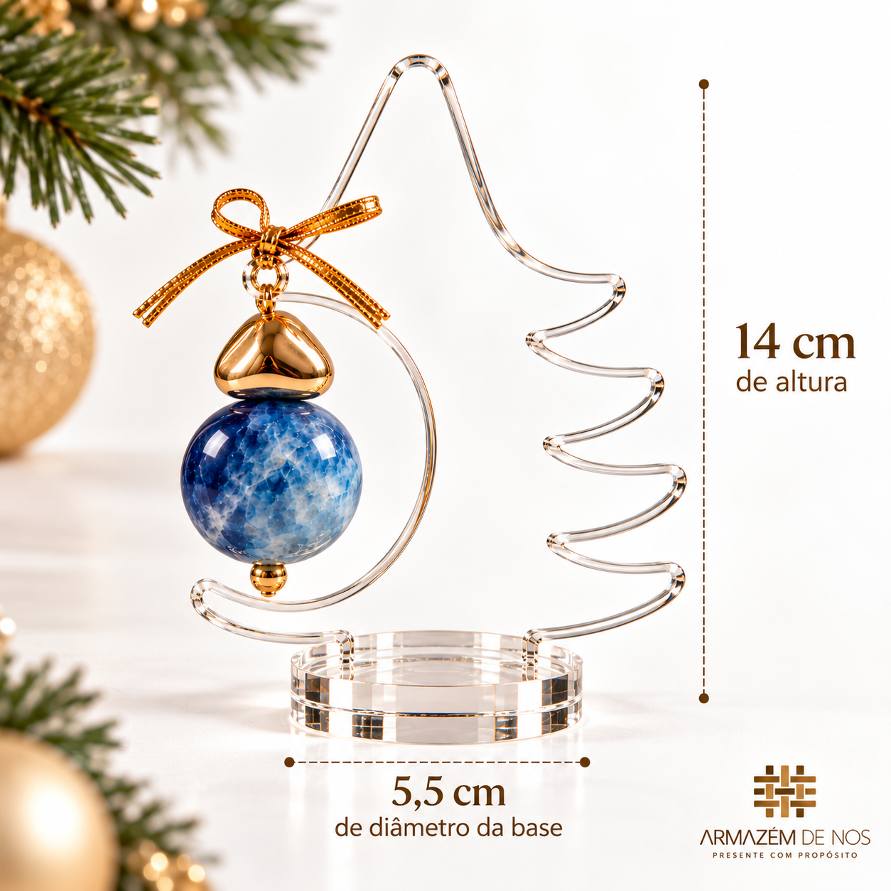 Árvore de Natal Decorativa em Acrílico com Esfera de Quartzo Azul – 14 cm