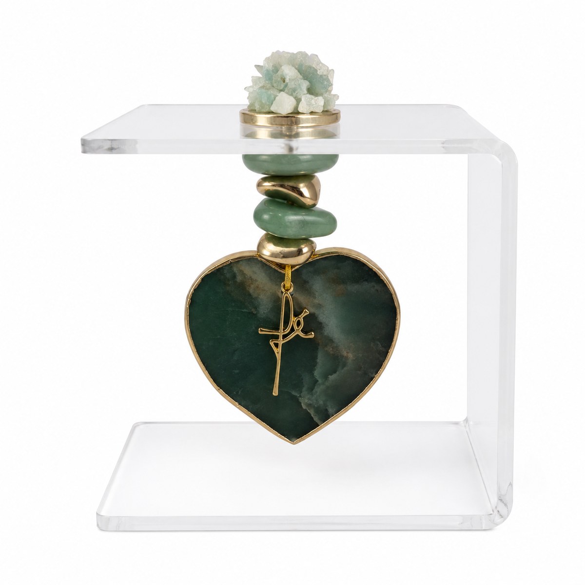 Suporte Decorativo Acrílico com Coração de Quartzo Verde Pedra Natural- AN247