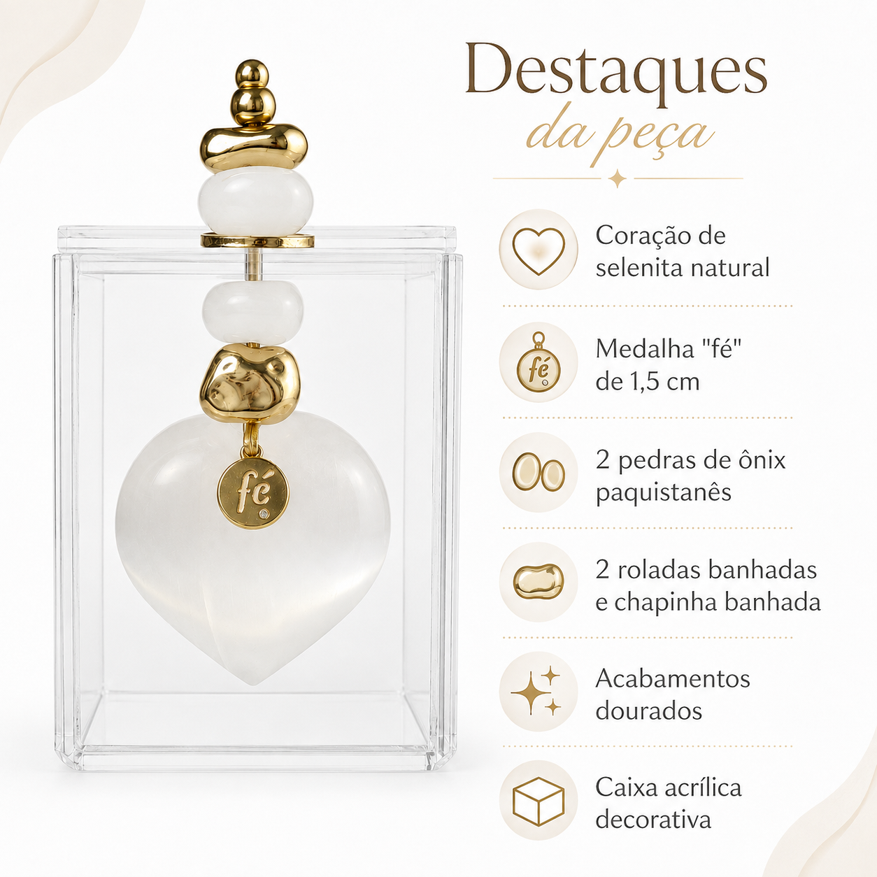 Caixa Acrílica Decorativa com Coração de Selenita Natural e Detalhes Dourados - AN226