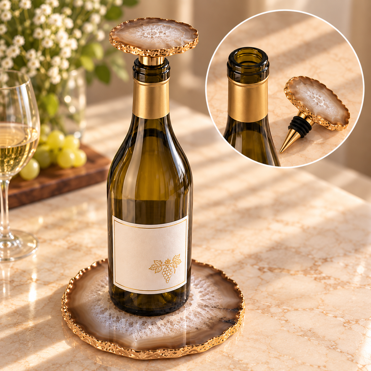 Conjunto para Vinho em Ágata Natural com Borda Dourada – Platter + Stopper (variação 1)